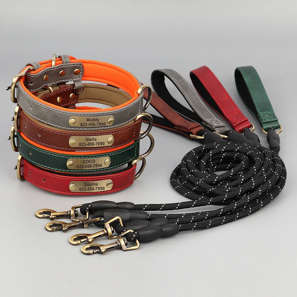Ensemble Collier et Laisse Personnalisés pour Chien | Cuir PU avec Médaille Gravée