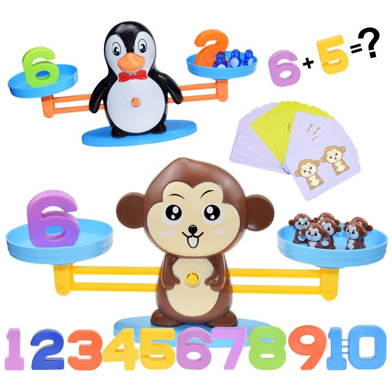 Jouet Montessori Balance Mathématique – Singe et Pingouin Éducatif, Jeu de Numération adapté pour Enfants TDAH, Dys et Autistes