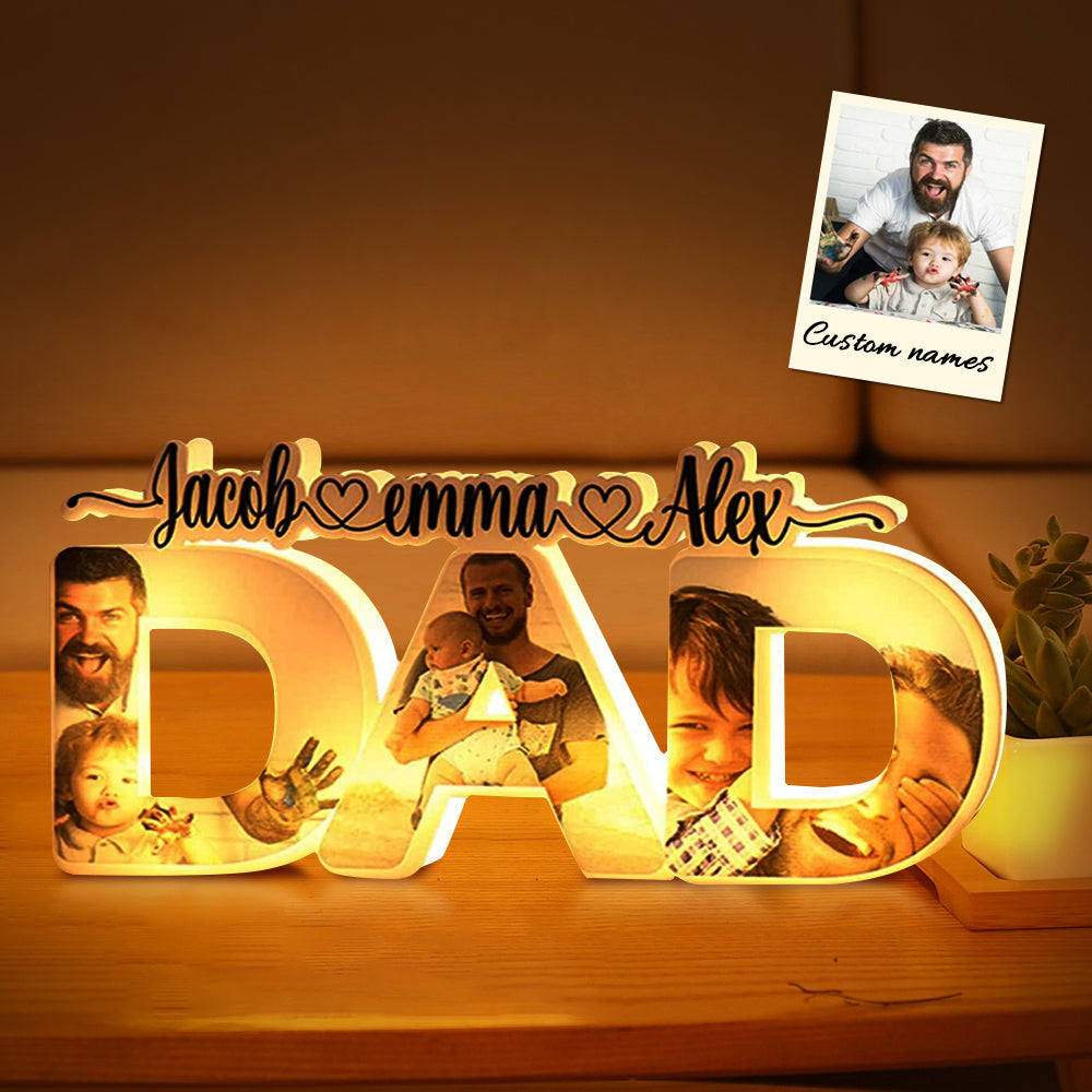 Lampe de Nuit Personnalisée Fête des Pères – Veilleuse Acrylique avec Photo de Famille et Prénom | Cadeau Unique Papa