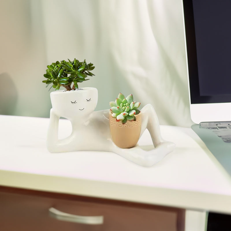 Pot à Succulentes en Résine avec Figurine Relax – Cache-Pot Drainage pour Cactus et Plantes Succulentes