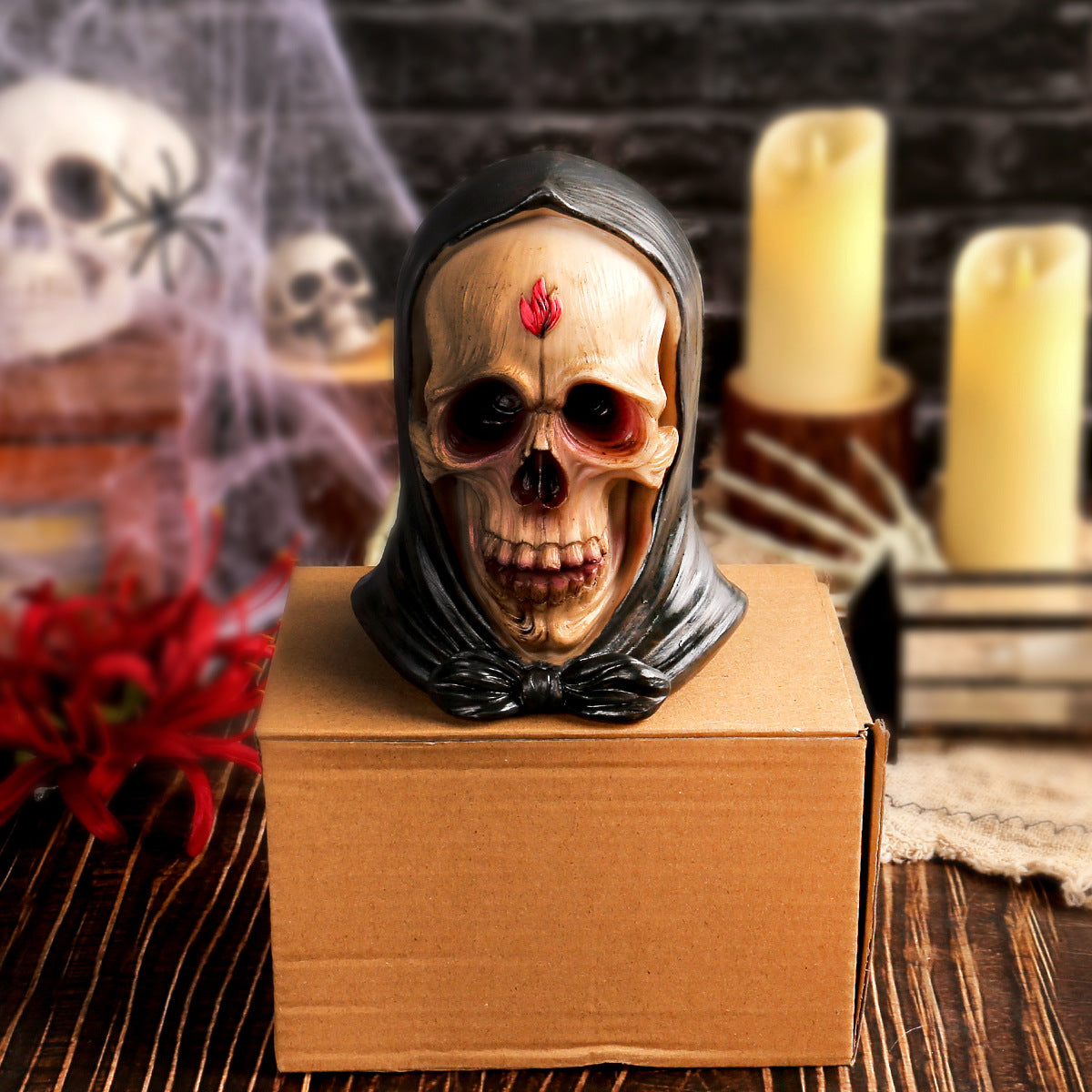 Crâne en résine avec chapeau Halloween – Décoration personnalisée maison hantée, ornement horreur et accessoire costum