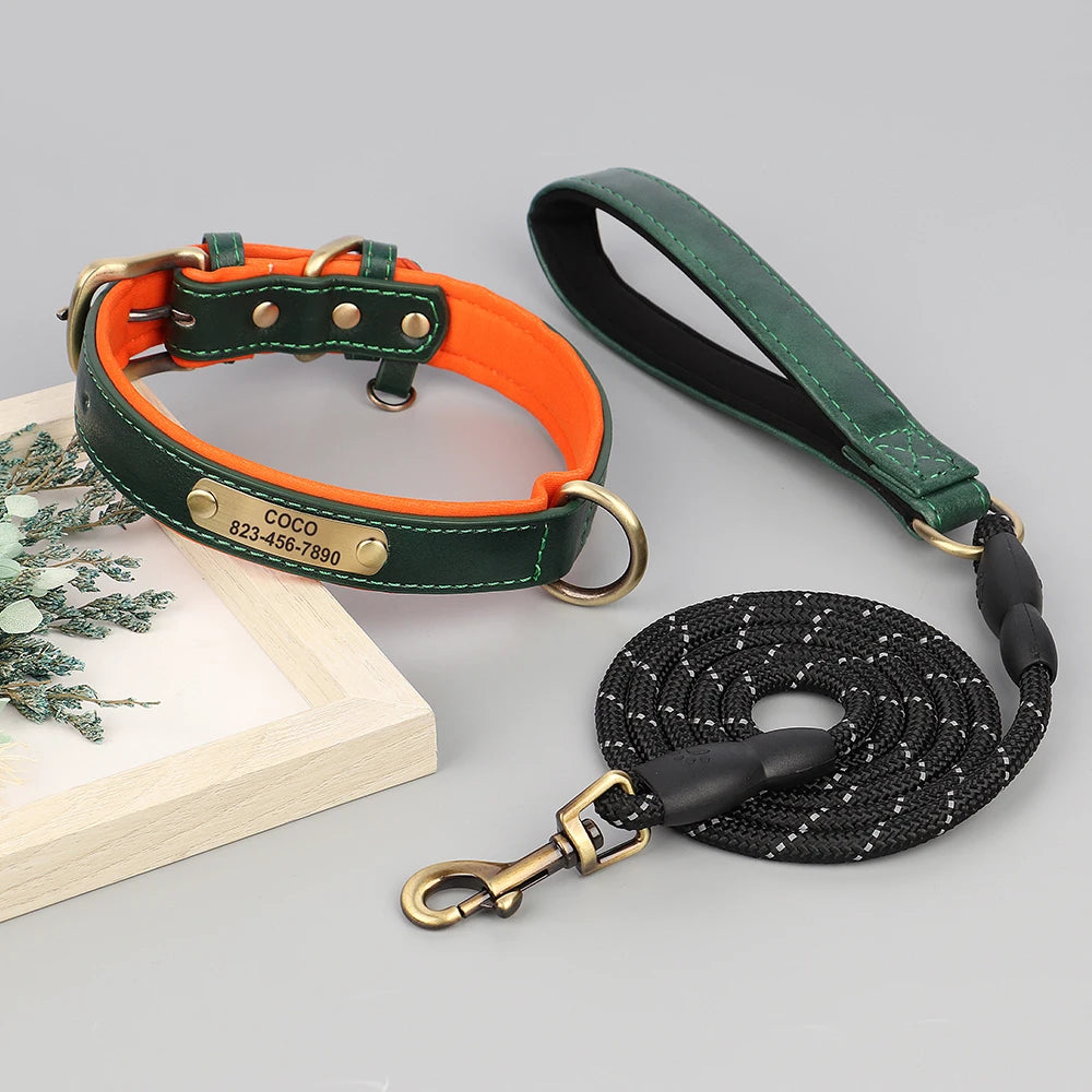 Ensemble Collier et Laisse Personnalisés pour Chien | Cuir PU avec Médaille Gravée