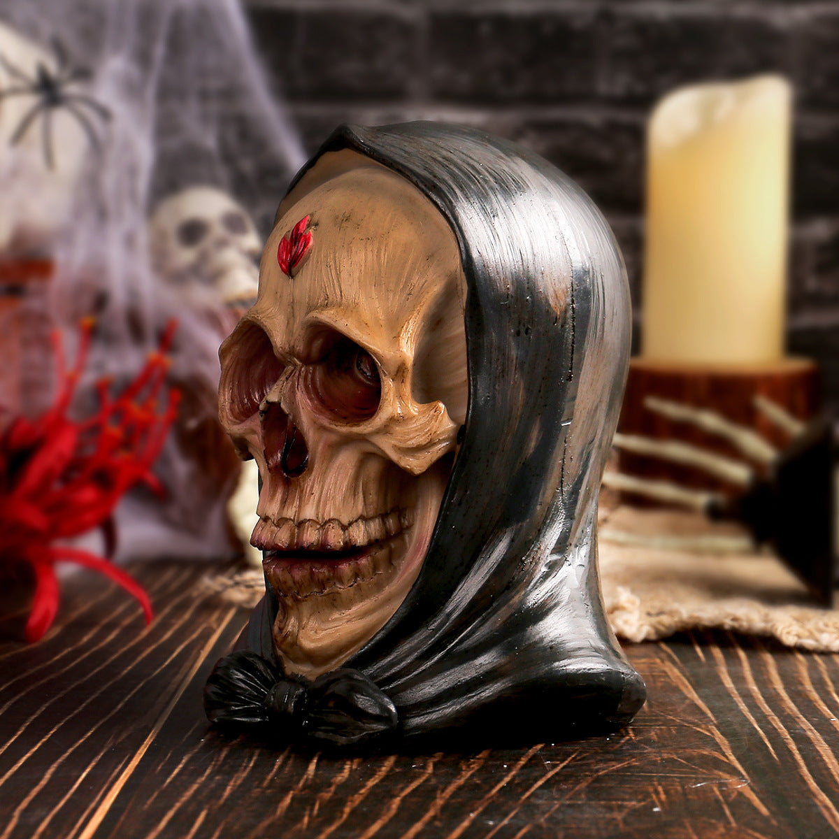 Crâne en résine avec chapeau Halloween – Décoration personnalisée maison hantée, ornement horreur et accessoire costum
