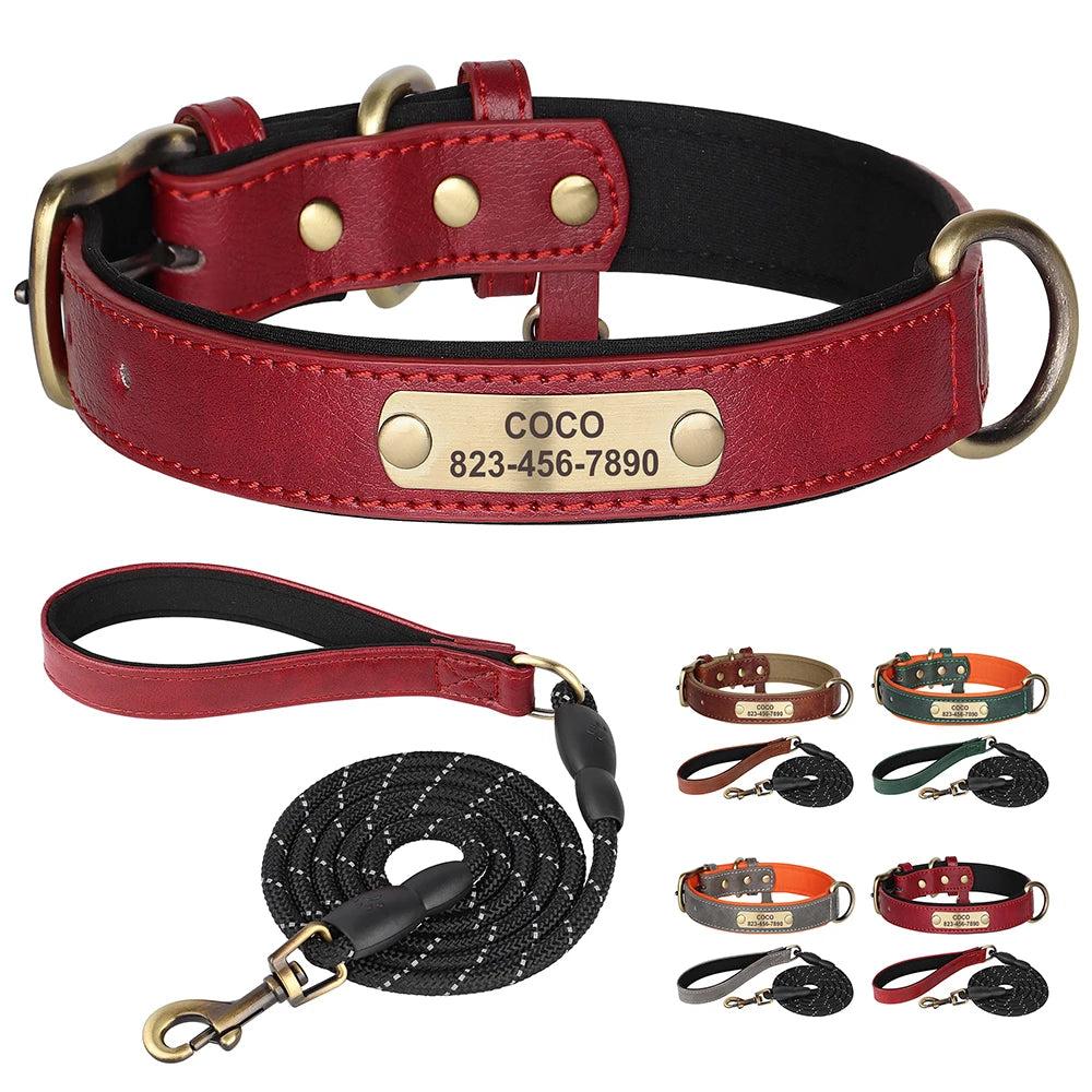 Ensemble Collier et Laisse Personnalisés pour Chien | Cuir PU avec Médaille Gravée