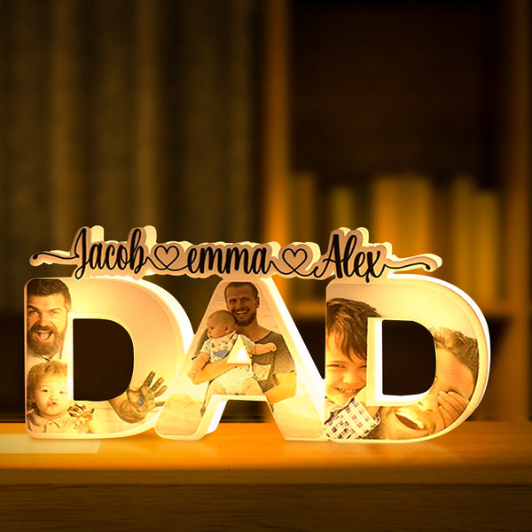 Lampe de Nuit Personnalisée Fête des Pères – Veilleuse Acrylique avec Photo de Famille et Prénom | Cadeau Unique Papa