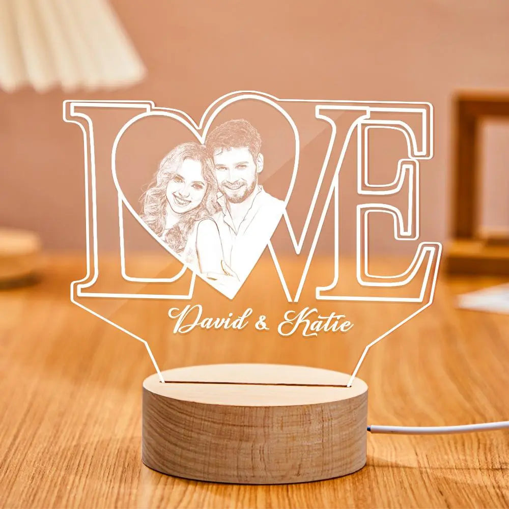 Lampe LED LOVE 3D Personnalisée avec Photo et Texte – Veilleuse Acrylique Cadeau Romantique Unique