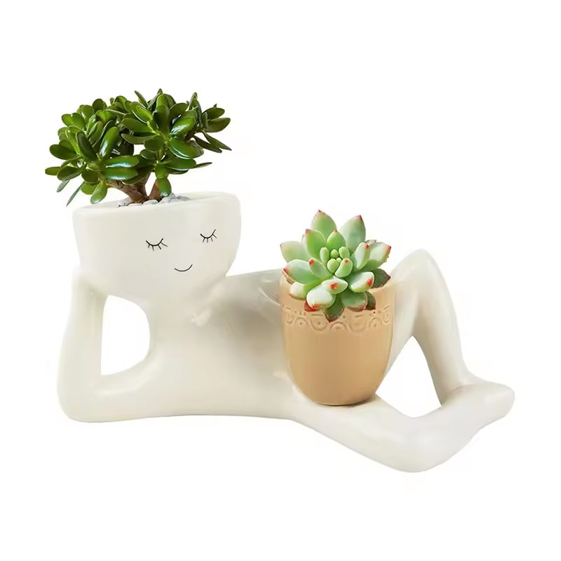 Pot à Succulentes en Résine avec Figurine Relax – Cache-Pot Drainage pour Cactus et Plantes Succulentes