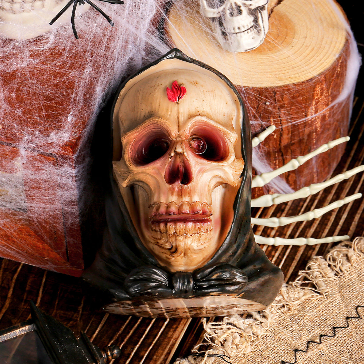 Crâne en résine avec chapeau Halloween – Décoration personnalisée maison hantée, ornement horreur et accessoire costum