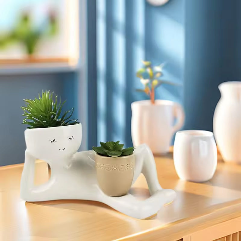 Pot à Succulentes en Résine avec Figurine Relax – Cache-Pot Drainage pour Cactus et Plantes Succulentes