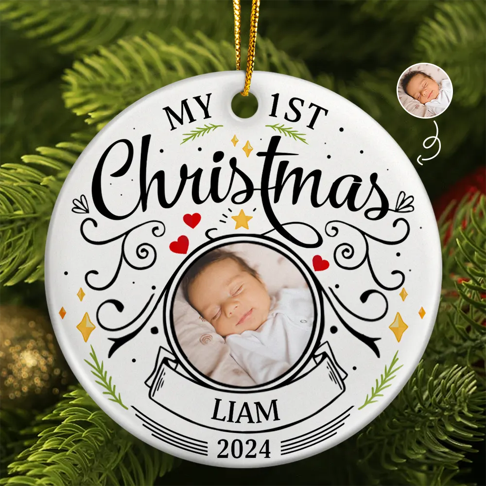 Ornement Céramique Rond Personnalisé – Photo Bébé Premier Noël, Cadeau Parents