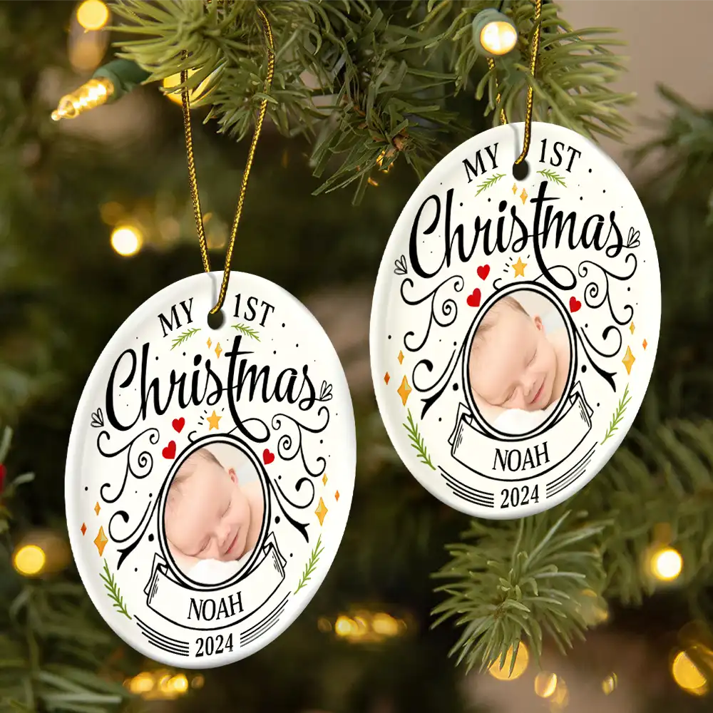 Ornement Céramique Rond Personnalisé – Photo Bébé Premier Noël, Cadeau Parents