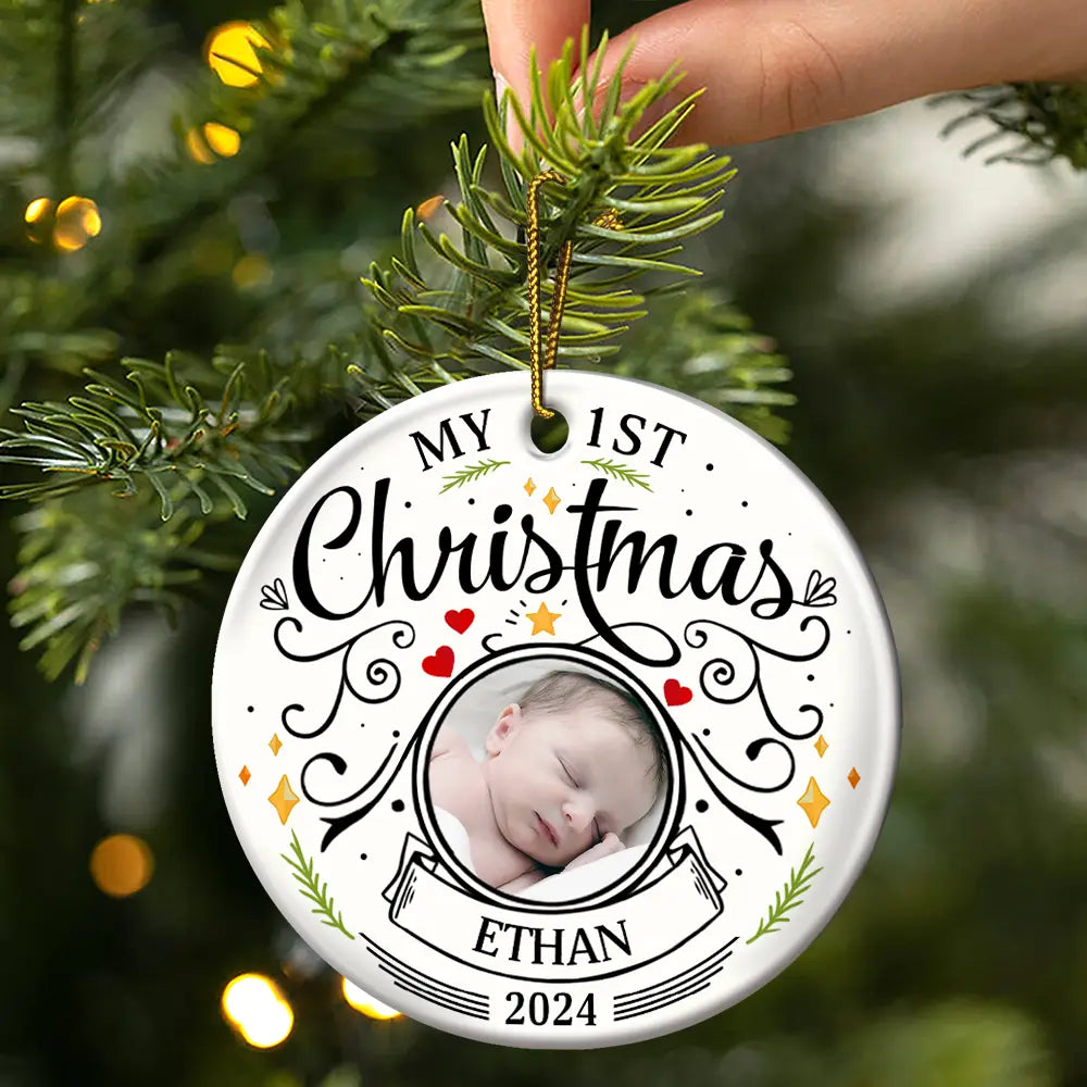 Ornement Céramique Rond Personnalisé – Photo Bébé Premier Noël, Cadeau Parents