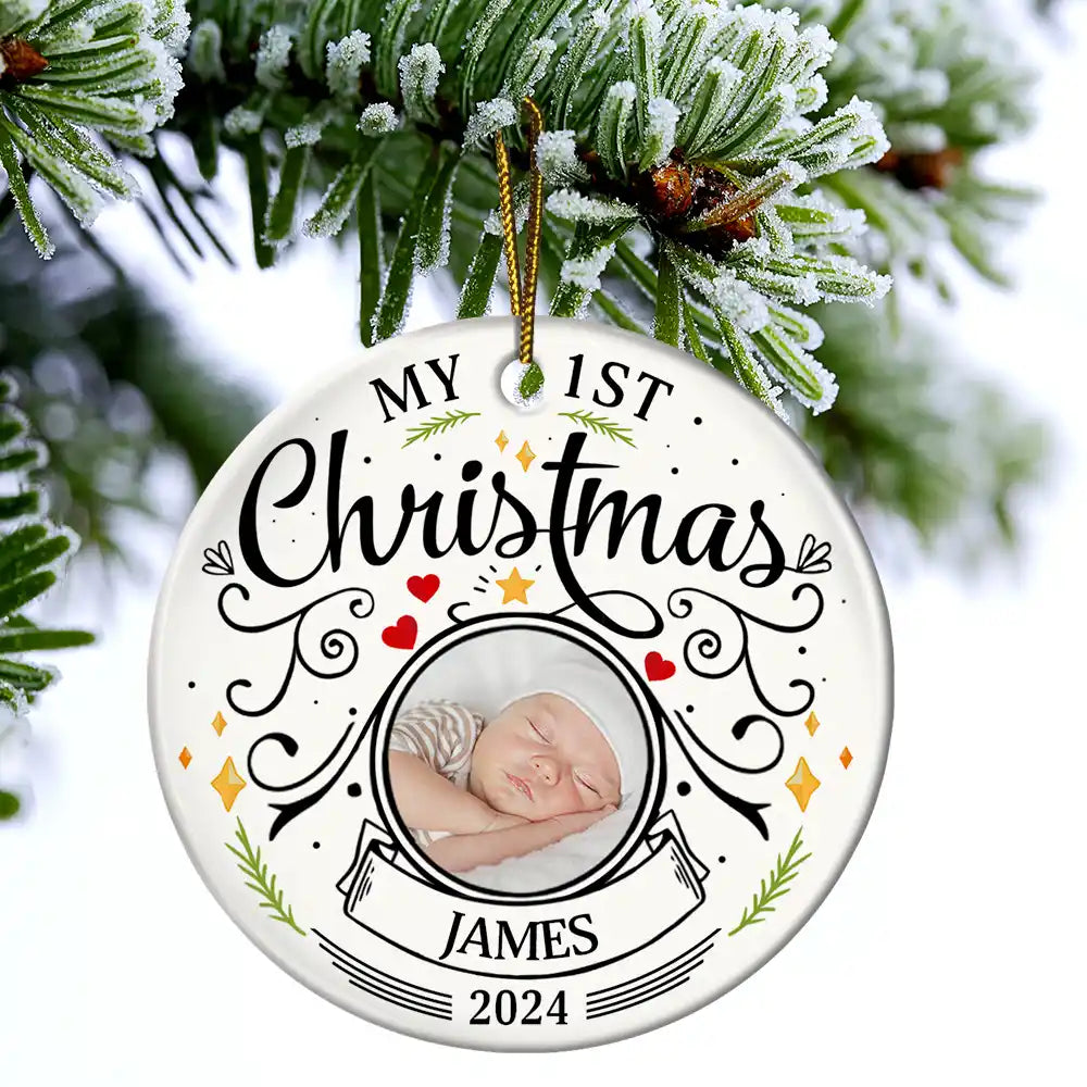 Ornement Céramique Rond Personnalisé – Photo Bébé Premier Noël, Cadeau Parents