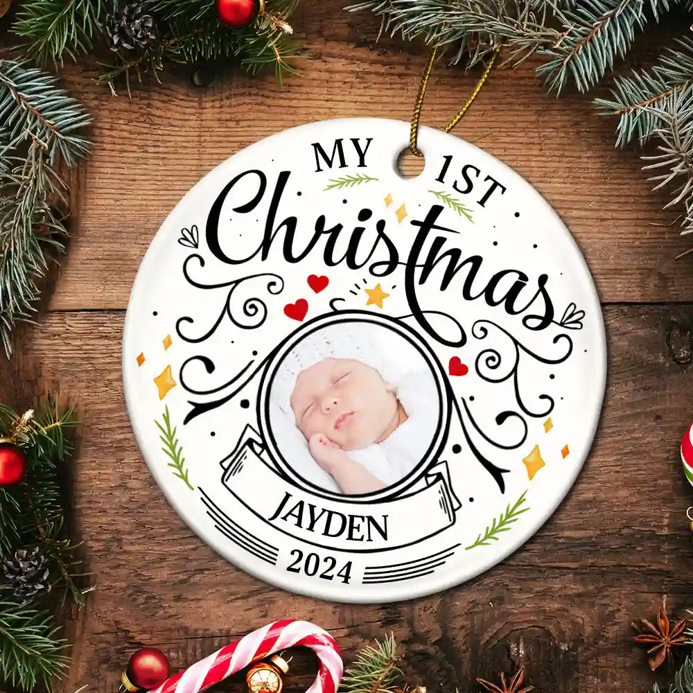 Ornement Céramique Rond Personnalisé – Photo Bébé Premier Noël, Cadeau Parents