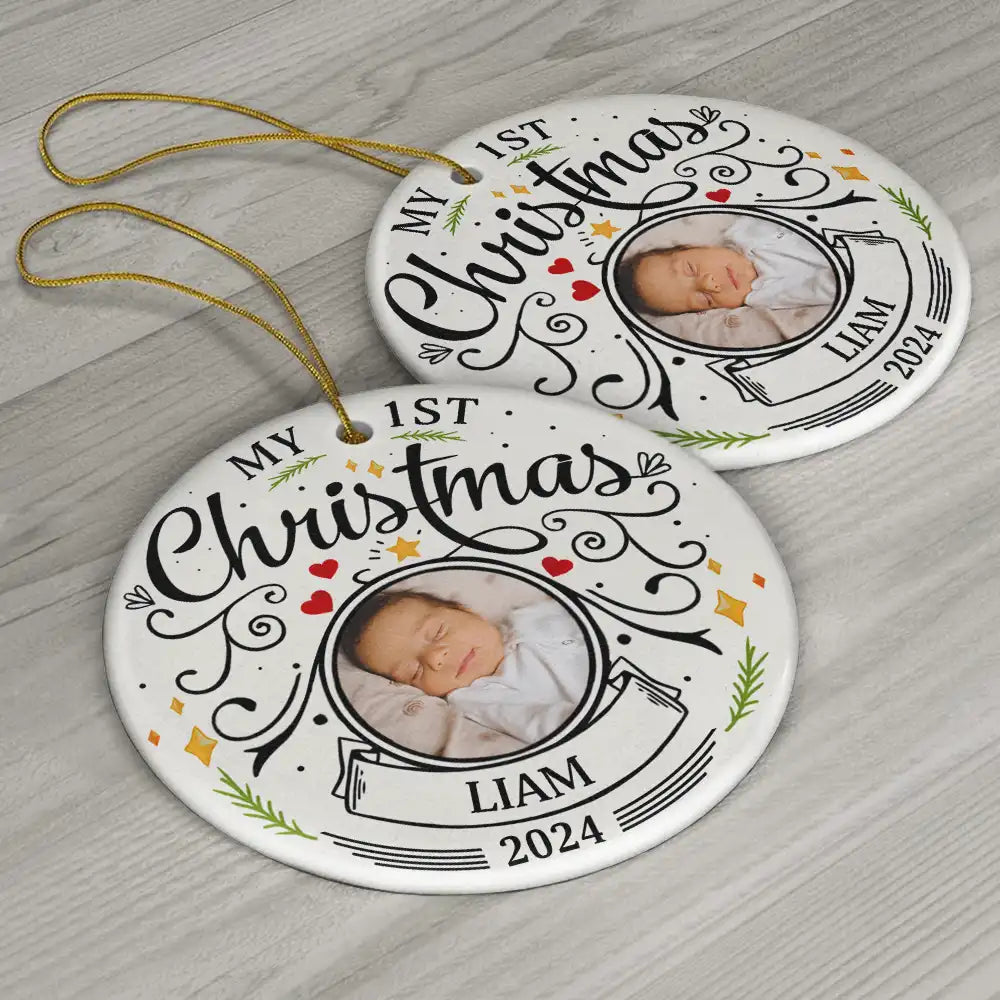 Ornement Céramique Rond Personnalisé – Photo Bébé Premier Noël, Cadeau Parents