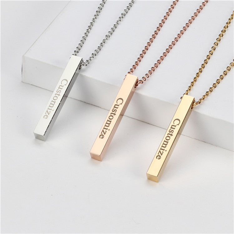Collier Barre Carrée Personnalisée | Gravure 4 Côtés | Pendentif Acier Inoxydable Femme & Homme
