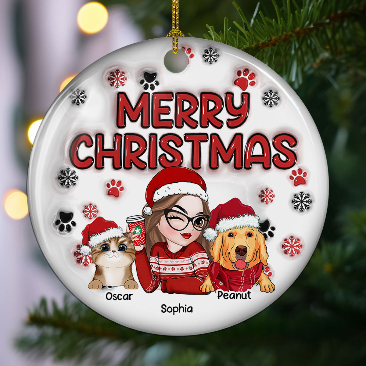 Ornement de Noël personnalisé – “Merry Christmas Fur Mom” – Boule céramique 3D effet gonflé, cadeau pour mamans d’animaux
