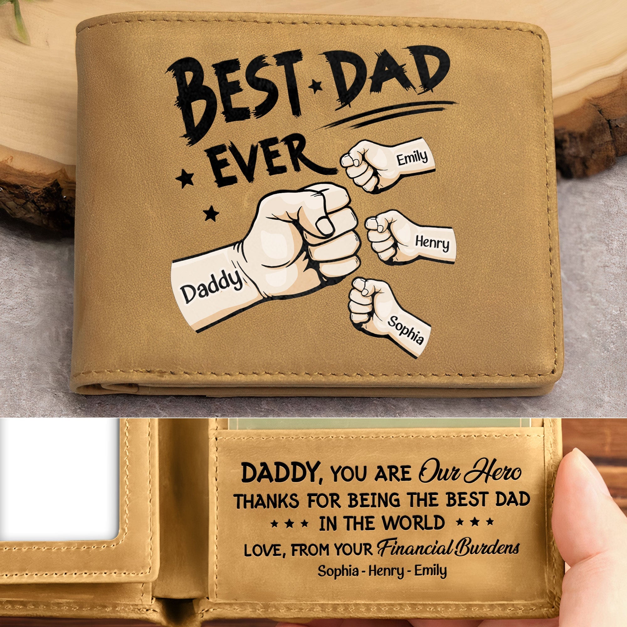 Portefeuille en cuir personnalisé – “Best Dad Ever” nouvelle version – Cadeau unique pour papa
