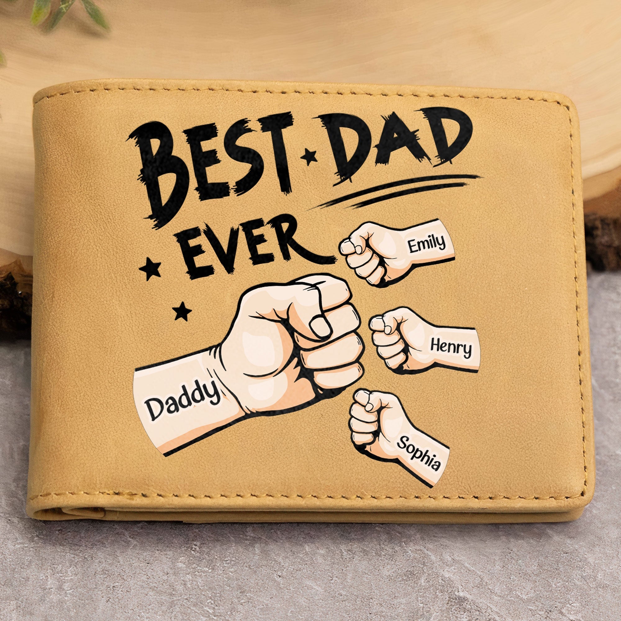 Portefeuille en cuir personnalisé – “Best Dad Ever” nouvelle version – Cadeau unique pour papa
