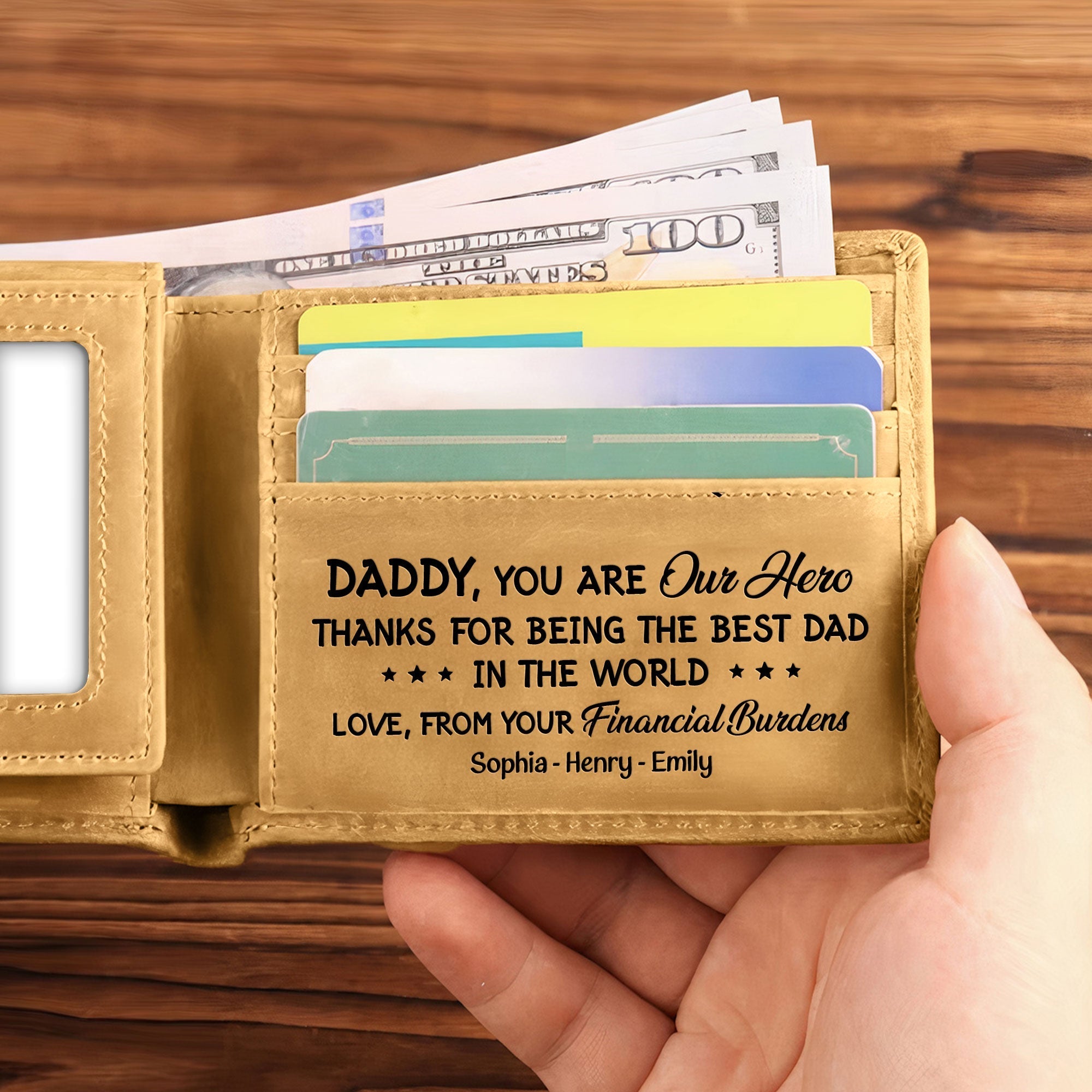 Portefeuille en cuir personnalisé – “Best Dad Ever” nouvelle version – Cadeau unique pour papa