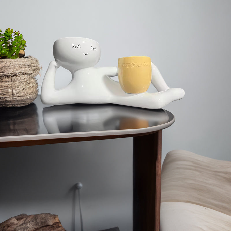 Pot à Succulentes en Résine avec Figurine Relax – Cache-Pot Drainage pour Cactus et Plantes Succulentes