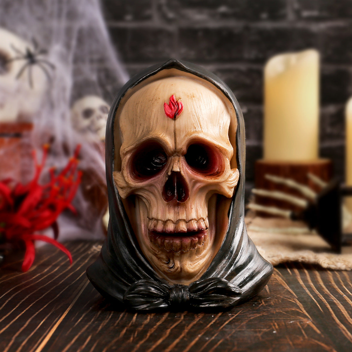 Crâne en résine avec chapeau Halloween – Décoration personnalisée maison hantée, ornement horreur et accessoire costum