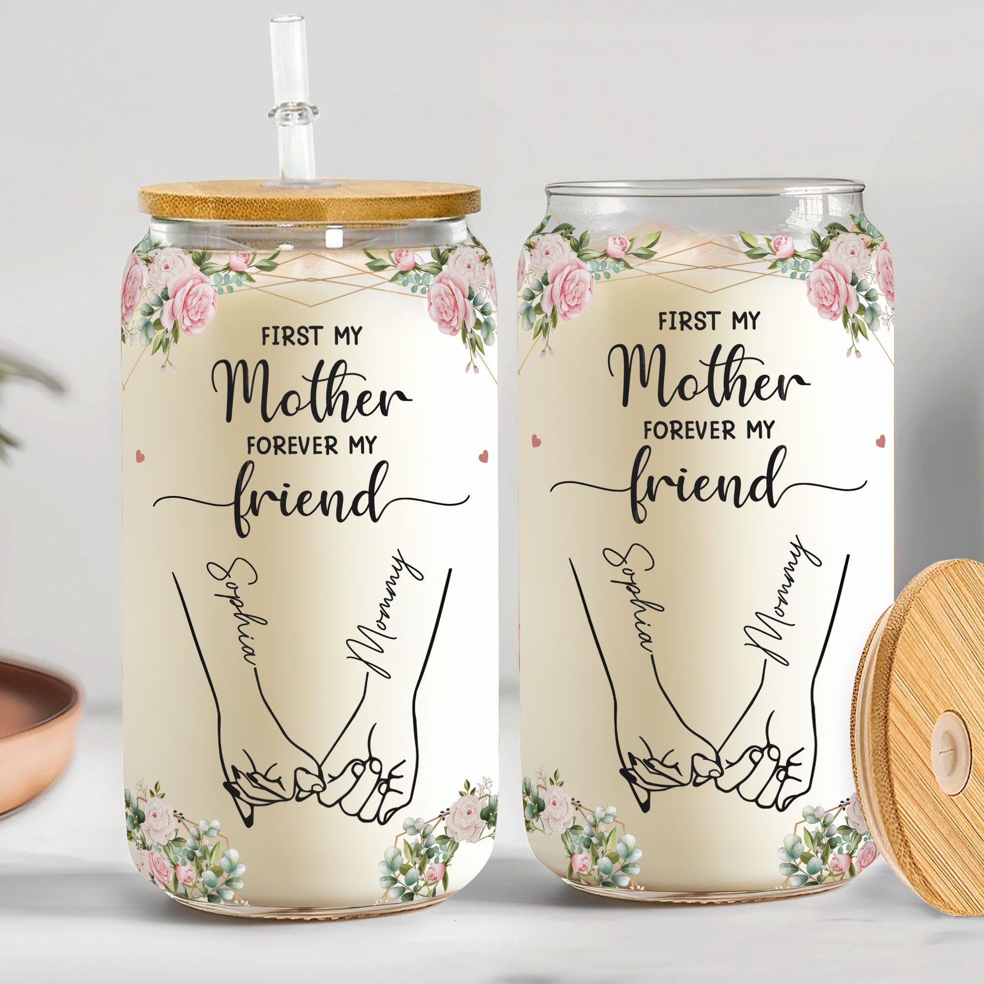 Tasse en verre personnalisée – “First My Mother, Forever My Friend” – Cadeau unique pour maman