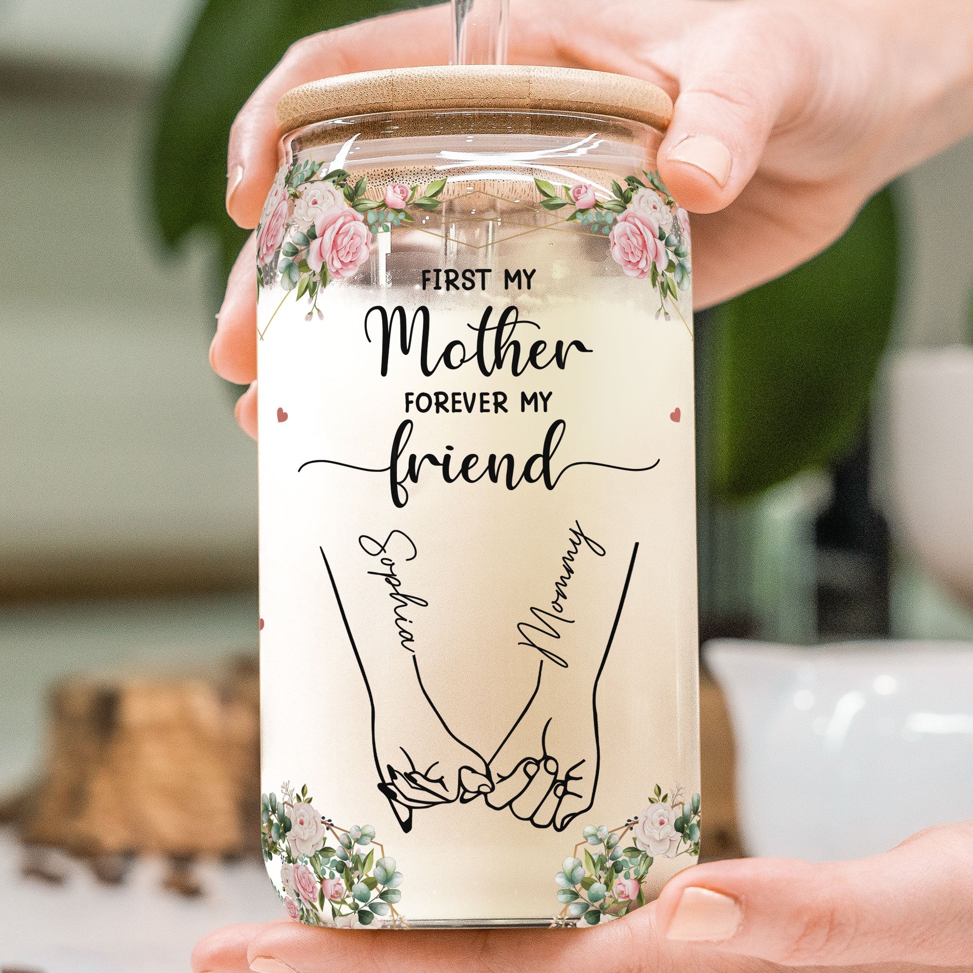 Tasse en verre personnalisée – “First My Mother, Forever My Friend” – Cadeau unique pour maman