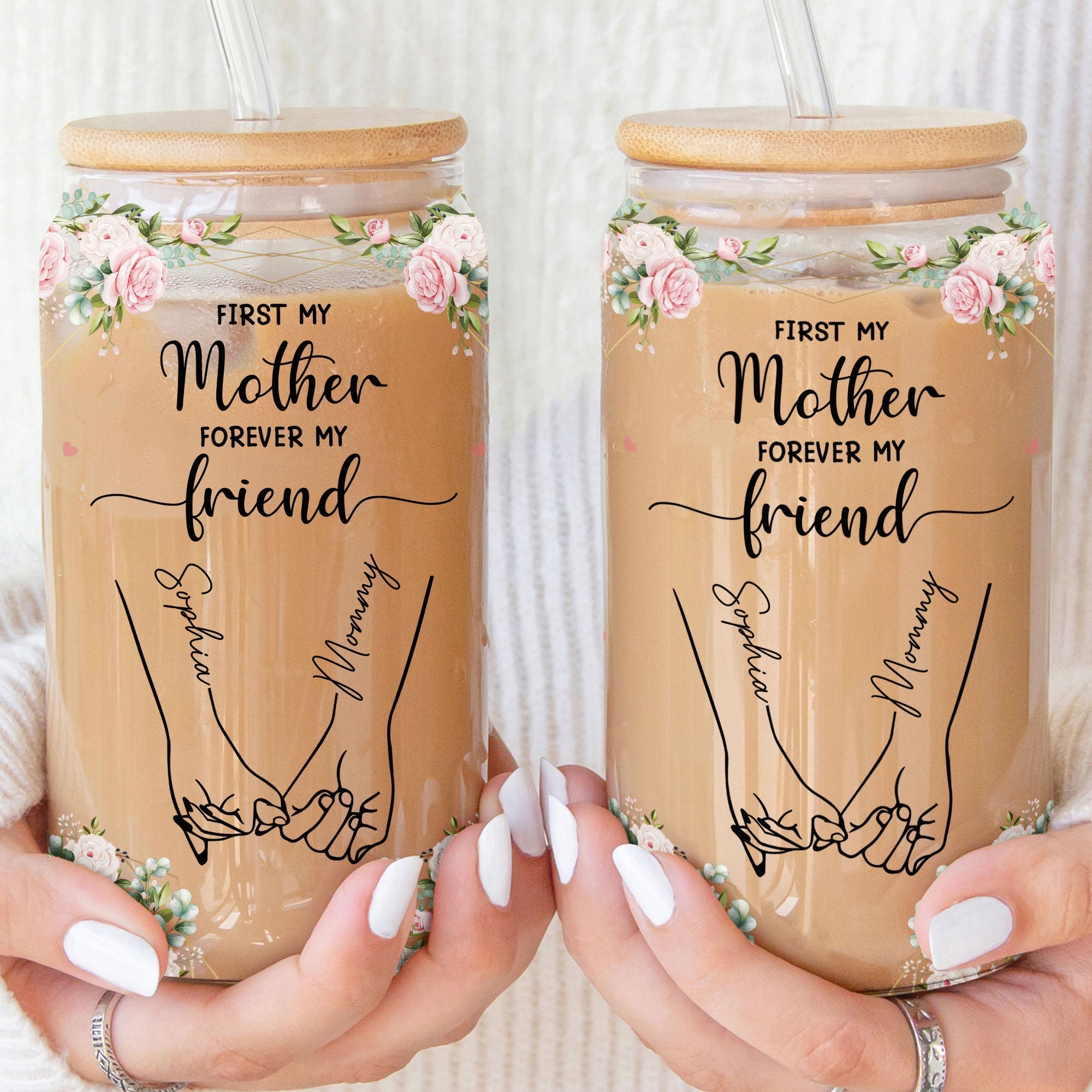 Tasse en verre personnalisée – “First My Mother, Forever My Friend” – Cadeau unique pour maman
