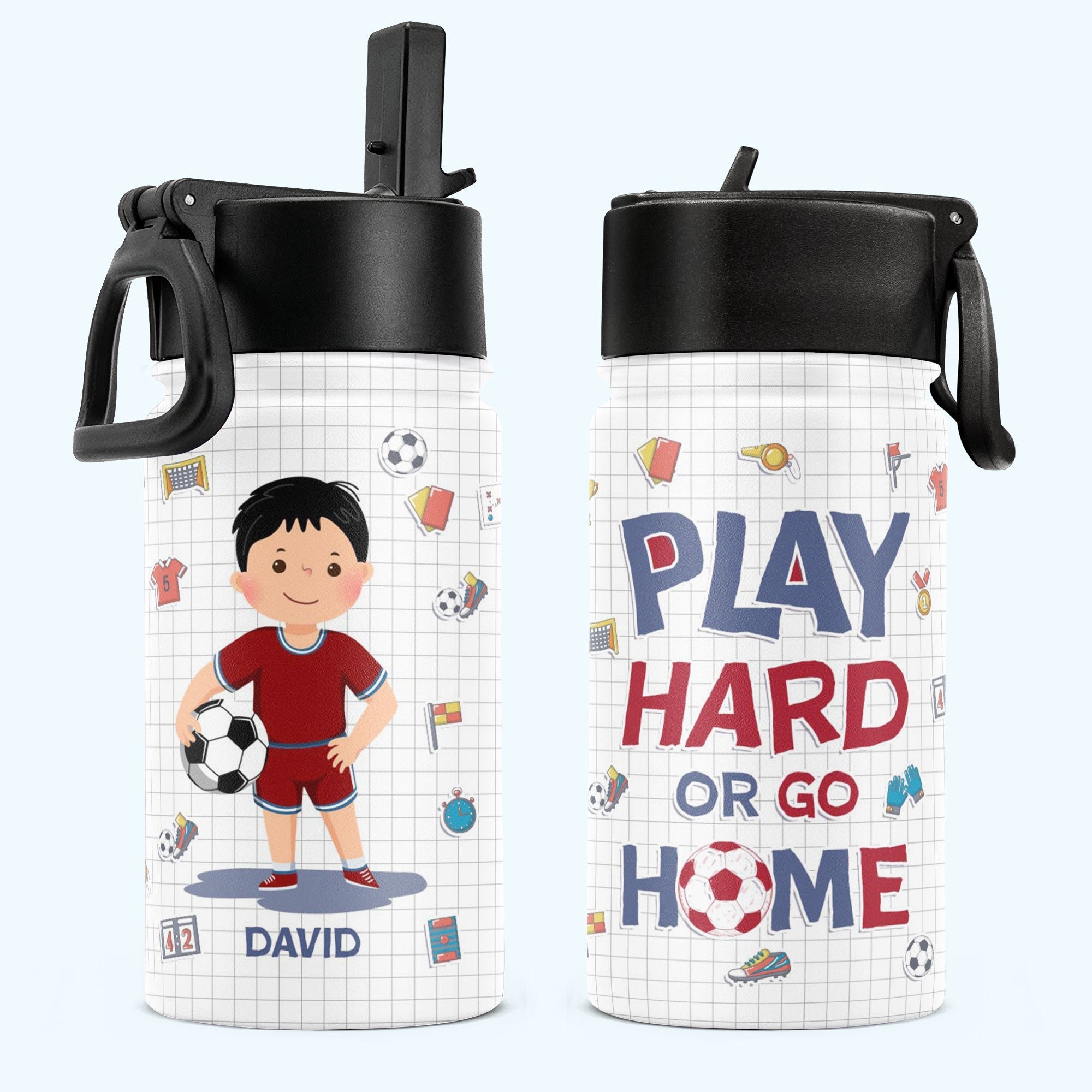 Gourde enfant personnalisée avec paille – “Ice Soccer Play Hard Or Go Home” – Bouteille sport personnalisée