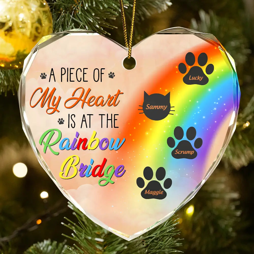 Ornement Commémoratif Personnalisé Chien & Chat – A Piece Of My Heart Is At The Rainbow Bridge | Cœur en Verre