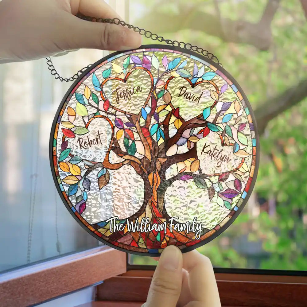 Attrape-Soleil Arbre de Vie Personnalisé – Suncatcher Vitrail Famille
