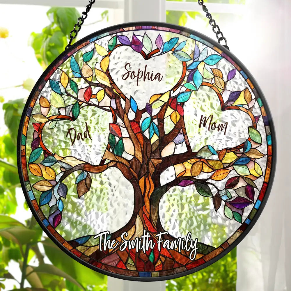 Attrape-Soleil Arbre de Vie Personnalisé – Suncatcher Vitrail Famille