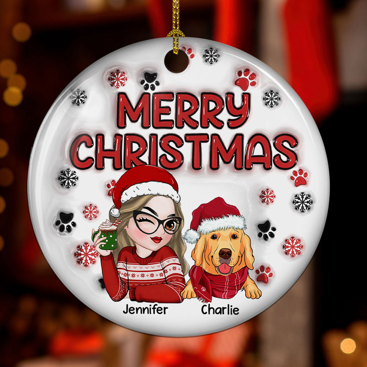 Ornement de Noël personnalisé – “Merry Christmas Fur Mom” – Boule céramique 3D effet gonflé, cadeau pour mamans d’animaux