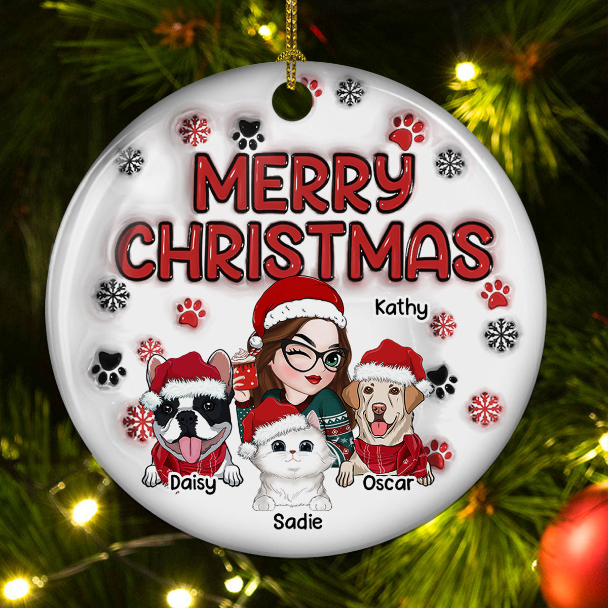 Ornement de Noël personnalisé – “Merry Christmas Fur Mom” – Boule céramique 3D effet gonflé, cadeau pour mamans d’animaux