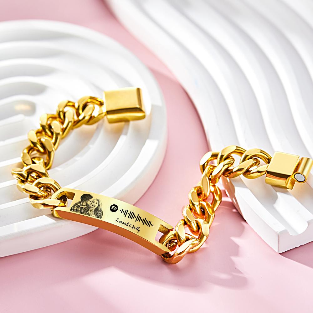 Bracelet gourmette Spotify Personnalisé avec Photo – Cadeau Anniversaire Unique pour Homme | Bijou Gravé avec Code Musical