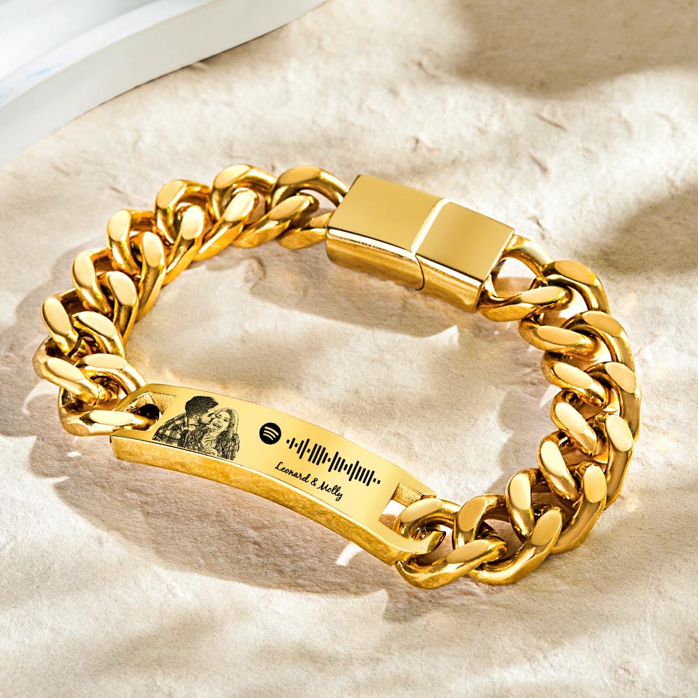 Bracelet gourmette Spotify Personnalisé avec Photo – Cadeau Anniversaire Unique pour Homme | Bijou Gravé avec Code Musical