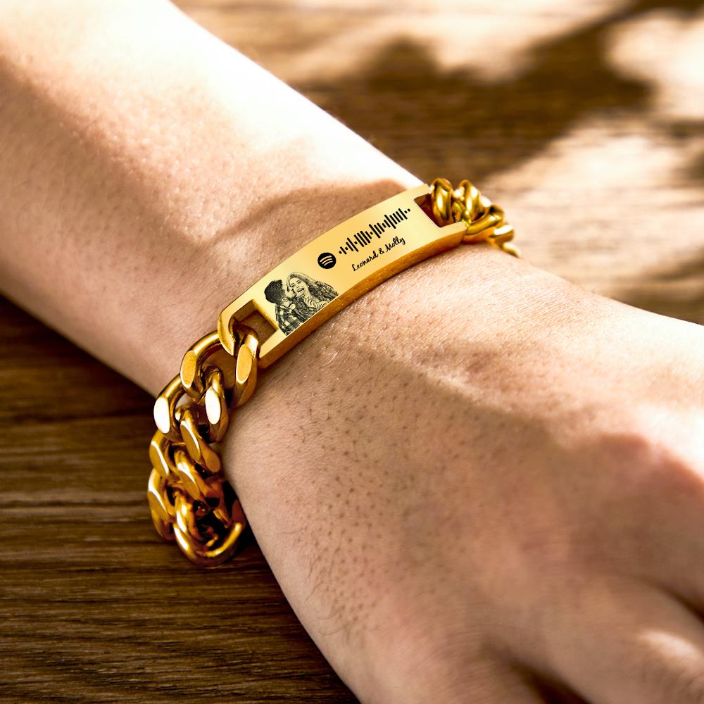 Bracelet gourmette Spotify Personnalisé avec Photo – Cadeau Anniversaire Unique pour Homme | Bijou Gravé avec Code Musical