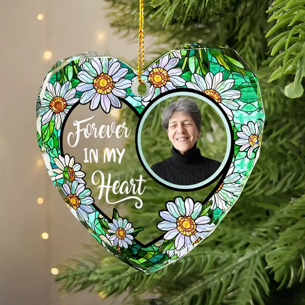 Ornement Cœur en Verre Personnalisé – Photo & Fleurs "Forever in Our Hearts", Souvenir Unique