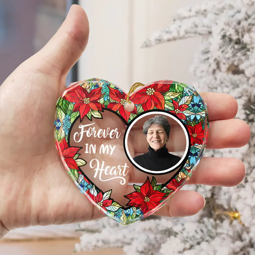 Ornement Cœur en Verre Personnalisé – Photo & Fleurs "Forever in Our Hearts", Souvenir Unique