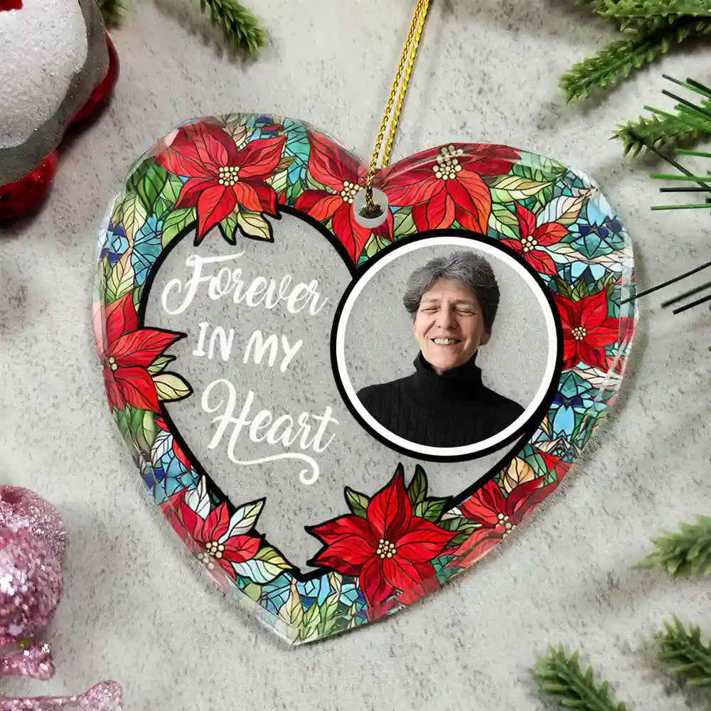 Ornement Cœur en Verre Personnalisé – Photo & Fleurs "Forever in Our Hearts", Souvenir Unique