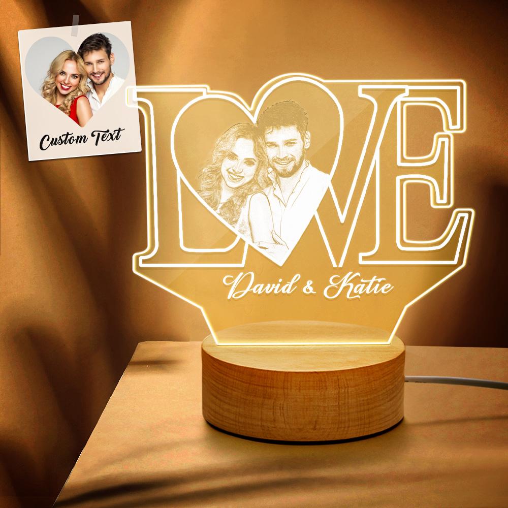 Lampe LED LOVE 3D Personnalisée avec Photo et Texte – Veilleuse Acrylique Cadeau Romantique Unique