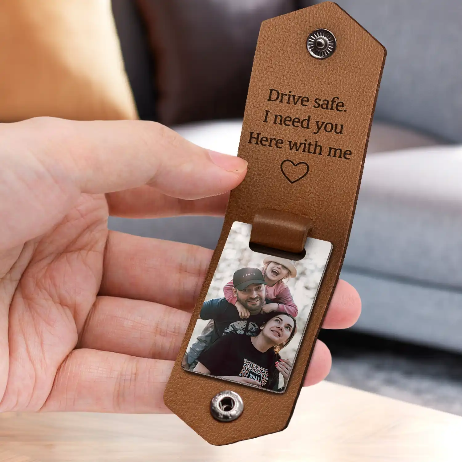 Porte-Clés Photo Personnalisé en Cuir – Message "Papa je t’aime, conduis prudemment", Cadeau Homme, Père, Mari ou Grand-Père