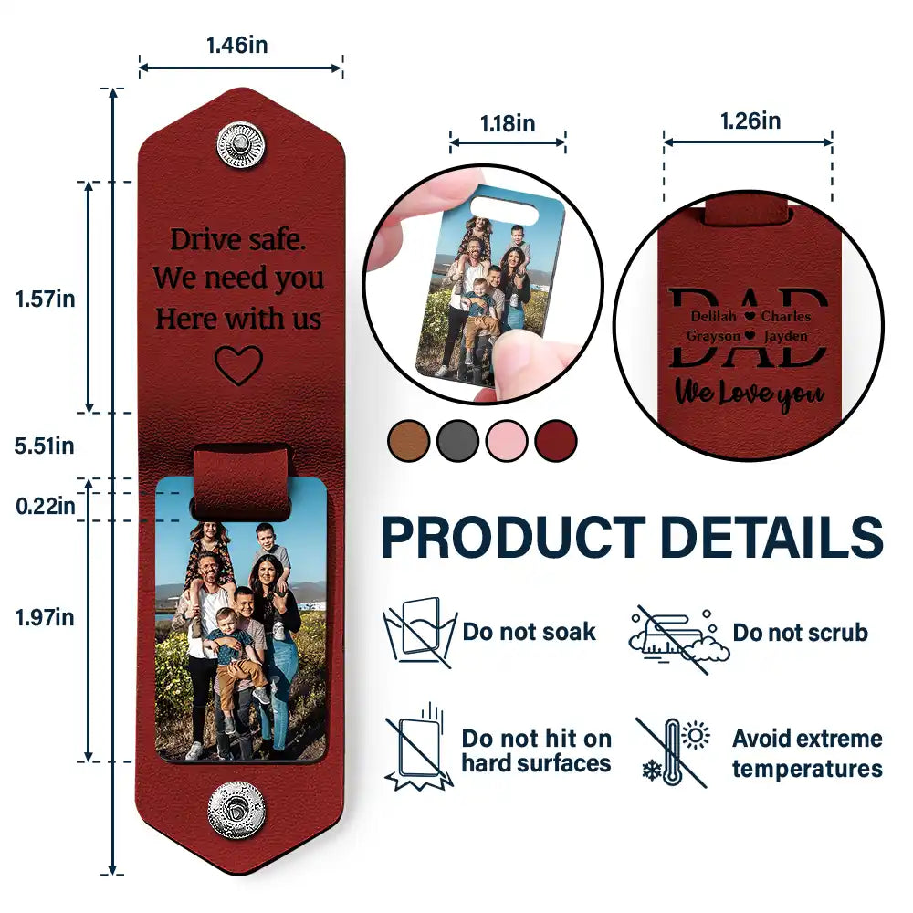 Porte-Clés Photo Personnalisé en Cuir – Message "Papa je t’aime, conduis prudemment", Cadeau Homme, Père, Mari ou Grand-Père