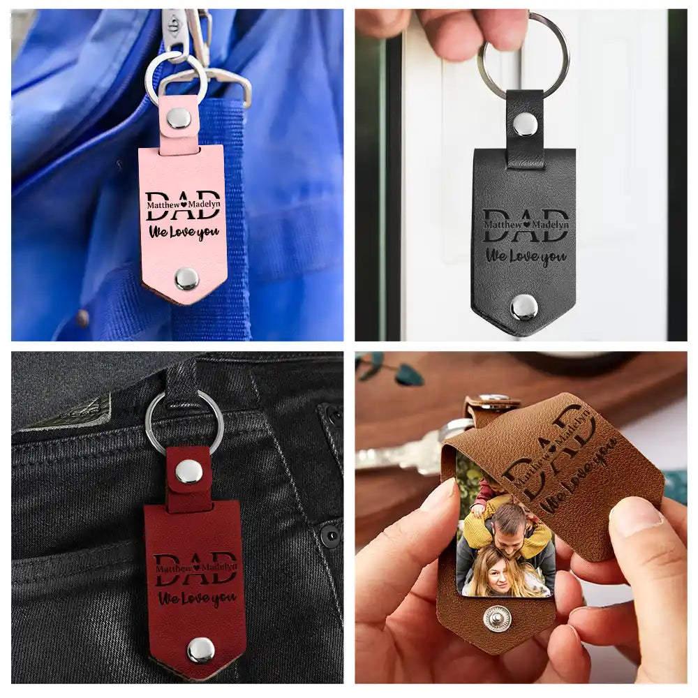 Porte-Clés Photo Personnalisé en Cuir – Message "Papa je t’aime, conduis prudemment", Cadeau Homme, Père, Mari ou Grand-Père
