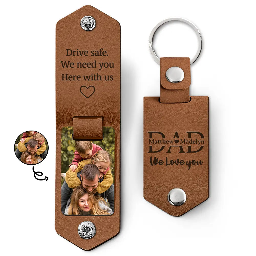 Porte-Clés Photo Personnalisé en Cuir – Message "Papa je t’aime, conduis prudemment", Cadeau Homme, Père, Mari ou Grand-Père