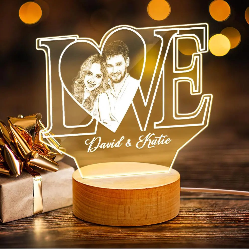 Lampe LED LOVE 3D Personnalisée avec Photo et Texte – Veilleuse Acrylique Cadeau Romantique Unique