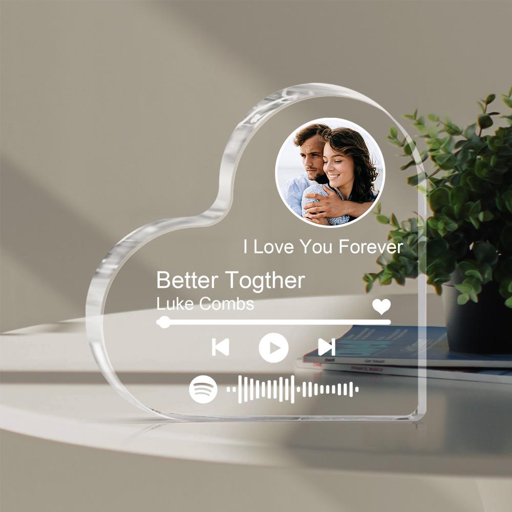 Cadre Personnalisé en Acrylique Transparent – Bloc Épais avec Code Spotify et Photo en Forme de Cœur