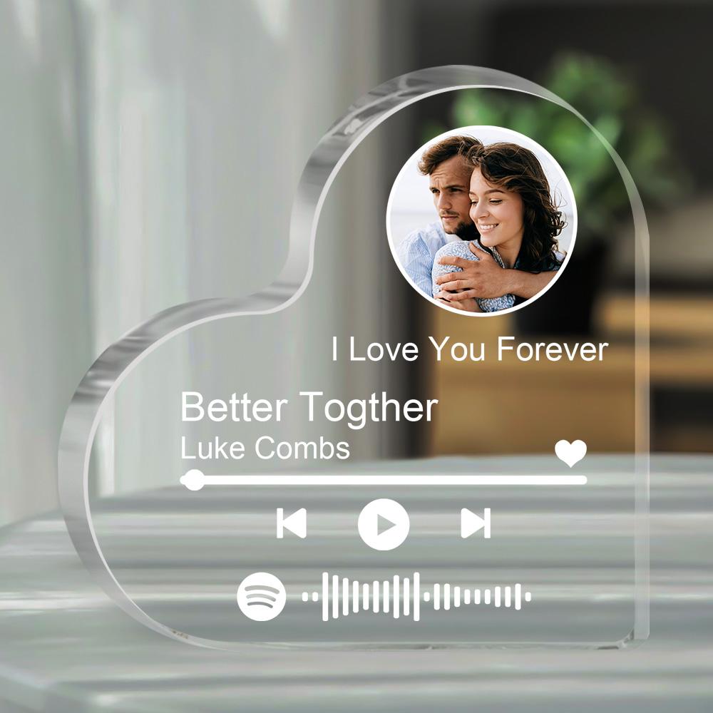 Cadre Personnalisé en Acrylique Transparent – Bloc Épais avec Code Spotify et Photo en Forme de Cœur
