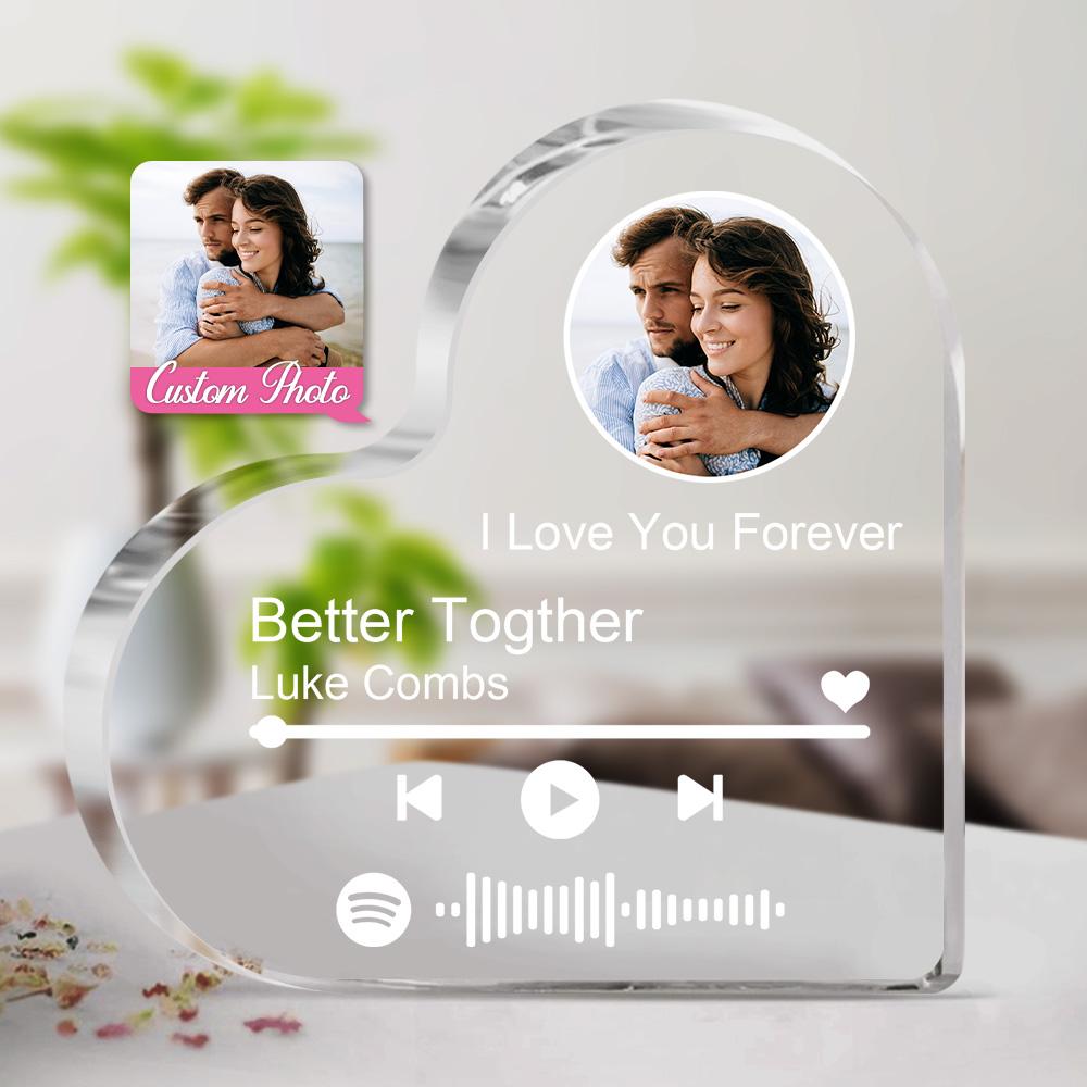 Cadre Personnalisé en Acrylique Transparent – Bloc Épais avec Code Spotify et Photo en Forme de Cœur